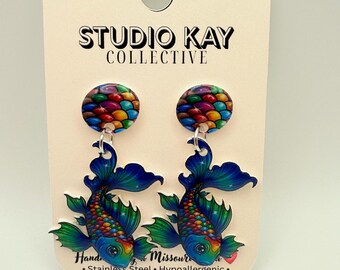 Handmade Koi Fish Dangle Earrings: Rainbow Scale Jewelry