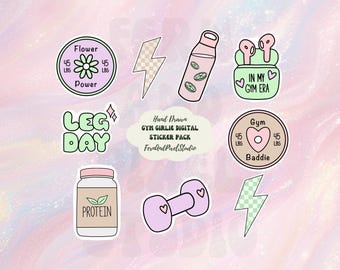 Gym Girlie Digital Sticker Pack, Fitness & Wellness Planner Stickers, Cute Lifestyle and Fitness Digital Stickers, Instant Download PNG