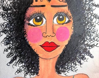 May include: A colorful illustration of a person with dark curly hair, large yellow eyes, and bright red lips. The person has pink blush on their cheeks and is wearing a blue top with thin straps. The artwork is a close-up portrait.