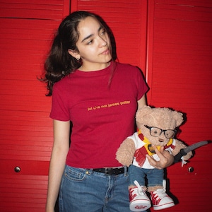 May include: A maroon short-sleeved t-shirt with the yellow text "lol u're not james potter" printed on the chest. The shirt is paired with blue denim jeans and a light brown teddy bear wearing black glasses, a red and yellow scarf, and red sneakers.