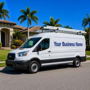 Peut inclure: Une fourgonnette Ford Transit blanche équipée d'une galerie de toit avec des tuyaux blancs et une échelle. Le côté du véhicule affiche le texte Your Business Name en lettres bleues. Le véhicule possède des garnitures noires sur le bas.