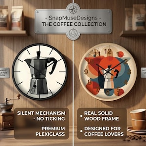 Moka-potklok uit het midden van de eeuw, retro koffiekeukendecor, houten frame stil mechanisme