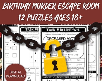 May include: A digital download for a Birthday Murder Escape Room with 12 puzzles for ages 18+. The image features a yellow padlock, a chain, and puzzle sheets with text. The text includes "TASK #9", "TASK #10 LINE-W-L", and "DIGITAL DOWNLOAD".