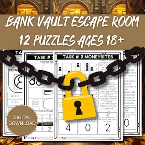Puede incluir: Descarga digital para una Bank Vault Escape Room con 12 rompecabezas para mayores de 18 años. La imagen presenta hojas de rompecabezas, un candado amarillo y una cadena. El texto incluye "Descarga digital" e instrucciones.