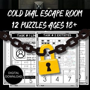 Puede incluir: Juego de escape room digital con el texto "COLD DIAL ESCAPE ROOM 12 PUZZLES AGES 18+". La imagen presenta hojas de rompecabezas, un candado amarillo y una cadena. También es visible un botón de descarga digital.