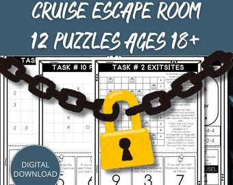 Puede incluir: Descarga digital de un juego de Escape Room de crucero con 12 rompecabezas para mayores de 18 años. La imagen presenta hojas de rompecabezas, un candado amarillo y una cadena negra. El texto incluye "TASK #10 F" y "TASK #2 EXITSITES".