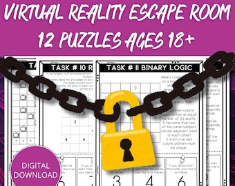 May include: A digital download for a virtual reality escape room with 12 puzzles for ages 18+. The image features puzzle sheets, a yellow padlock, and a chain. The text includes "Task #10 R" and "Task #11 Binary Logic".