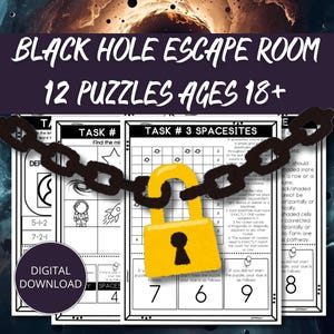 Kosmiczny pokój zagadek, gra w pokoju zagadek z czarną dziurą, gry kosmiczne do druku, kosmiczne imprezy do druku, gra escape room do druku dla dorosłych