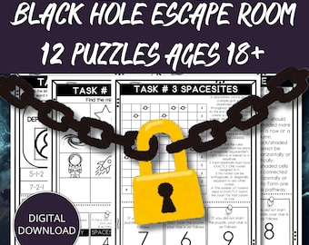 Kosmiczny pokój zagadek, gra w pokoju zagadek z czarną dziurą, gry kosmiczne do druku, kosmiczne imprezy do druku, gra escape room do druku dla dorosłych