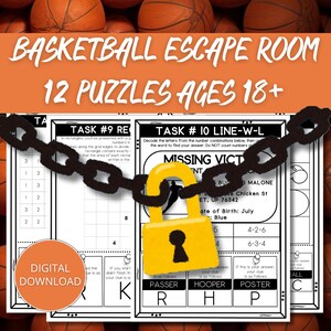 Puede incluir: Descarga digital de Basketball Escape Room con 12 rompecabezas para mayores de 18 años. La imagen presenta hojas de rompecabezas, un candado amarillo y una cadena. El texto incluye "Task #9 RE", "Task #10 LINE-W-L" y "Descarga digital".