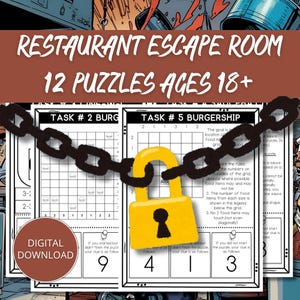 Puede incluir: Una descarga digital para un juego de escape room con temática de restaurante. La imagen presenta un candado y una cadena amarillos sobre hojas de rompecabezas con el texto "RESTAURANT ESCAPE ROOM 12 PUZZLES AGES 18+". El juego incluye rompecabezas con el texto "TASK # 2 BURG" y "TASK # 5 BURGERSHIP".