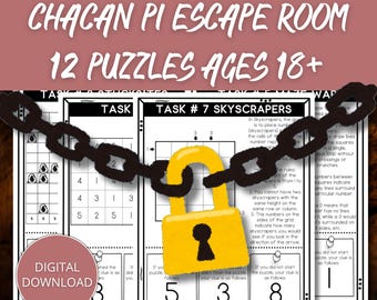 Puede incluir: Descarga digital de un juego Chacan Pi Escape Room con 12 rompecabezas para mayores de 18 años. La imagen presenta hojas de rompecabezas, un candado amarillo y una cadena. El texto incluye "Task" y "Digital Download."