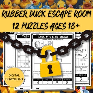 Könnte beinhalten: Ein digitaler Download für einen Rubber Duck Escape Room mit 12 Rätseln für Personen ab 18 Jahren. Das Bild zeigt Rätselblätter, ein gelbes Vorhängeschloss und eine Kette. Der Text enthält "Task #10 Mystdoku" und "Digital Download".