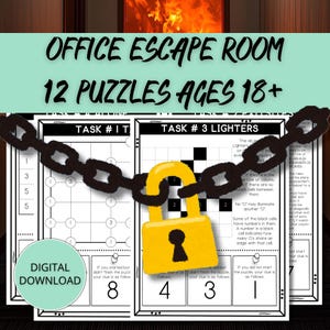 May include: An Office Escape Room game with 12 puzzles for ages 18+. The image shows puzzle sheets, a yellow padlock, and a chain. The words "Office Escape Room" and "Digital Download" are visible.