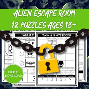 May include: An "Alien Escape Room" digital download with 12 puzzles for ages 18+. The image features puzzle pages, a yellow padlock, and a chain. The text includes "Task #2", "Task #3 Mystdoku", and "Digital Download".