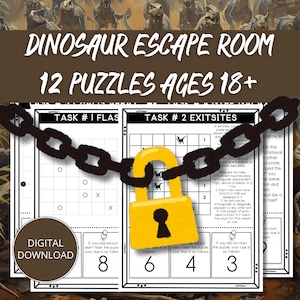 Puede incluir: Descarga digital de un juego de escape room con temática de dinosaurios. El juego incluye 12 rompecabezas para mayores de 18 años. La imagen muestra ejemplos de rompecabezas, un candado amarillo y una cadena. El texto dice "DINOSAUR ESCAPE ROOM 12 PUZZLES AGES 18+".