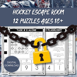 May include: A digital download for a Hockey Escape Room with 12 puzzles for ages 18+. The image features a yellow padlock and chain over puzzle pages. Text includes "Task #3 Alone" and "2 Flashlight".