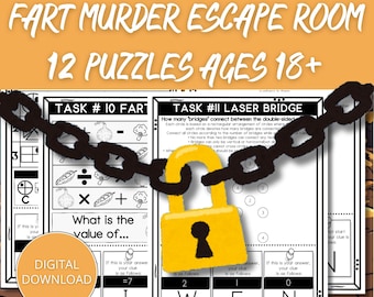 May include: A digital download escape room game titled "Fart Murder Escape Room" with 12 puzzles for ages 18+. The image shows puzzle pages, a yellow padlock, and a chain. The game includes math and logic puzzles.