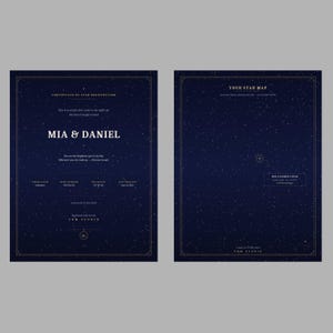 Può includere: Un certificato di registrazione stellare blu scuro e una stampa di mappa stellare abbinata. Il certificato presenta il testo MIA & DANIEL, i dettagli della registrazione e uno sfondo di cielo notturno stellato. La mappa stellare mostra costellazioni e coordinate.