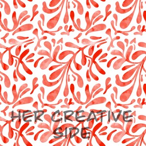 May include: A repeating pattern of coral-colored, watercolor-style organic leaf shapes on a white background. The text "HER CREATIVE SIDE" is overlaid in a dark gray, sans-serif font across the lower portion of the image.