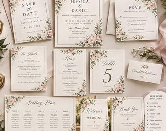 Floral Wedding Stationery Bundle, Editable Canva Template (Digital Download)