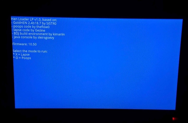 May include: A blue screen displays text from "Hen Loader LP v1.0," including "GoldHEN 2.4b18.7" and "Firmware: 10.50." Options to run "Lapse" or "Poops" are listed. The screen is framed by a black border.