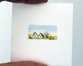 Tiny countryside art, landscape and white cottage, original mini watercolor by artist Ilse Hviid, 10 x 20 mm  dolls-house wall decor.