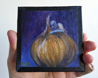 Miniature oil painting, yellow onion and man, canvas panel, original art by Ilse Hviid.  Minimalism, in brown, burnt orange and blue.