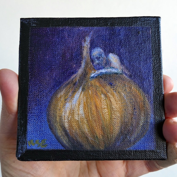 Miniature oil painting, loving onion , canvas panel, original art by Ilse Hviid.  Minimalism and humorist, in brown, burnt orange and blue.