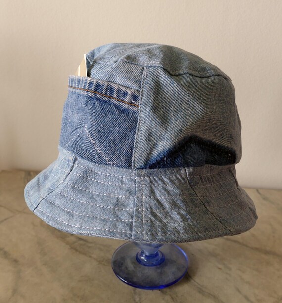 Handmade denim hat Handmade Patchwork Denim Brimless Hat: Upcycled XL Cap With  main image 3