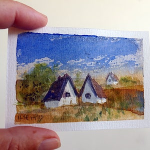 Pintura original de paisaje en acuarela: Miniatura de arte campestre sueco (ACEO)