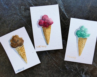 Set of 3 ice-cream watercolor paintings. Mini original gift tags, party decor. Dolls house wall decor. By artist Ilse Hviid, candy pop