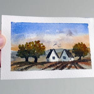 Original Miniature Watercolor Painting: Swedish Cottage Landscape, Dollhouse Art