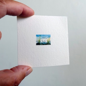 Miniature Sailboat Watercolor Painting: Tiny Seascape Art (6.5x6.5 cm )