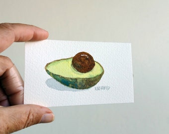 Avocado half, watercolor painting, miniature  original art by artist Ilse Hviid. Green vegetable, veggie-lovers gift, small hand-painted art