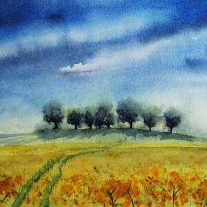 Archivo JPEG descargable a 300 ppp. Imagen de un paisaje que pinté: un hermoso día de primavera, el cielo azul y un campo amarillo en flor.