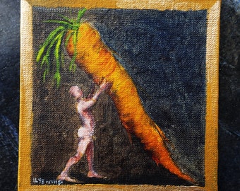 Lovely carrot. Miniature original, oil painting. Small human-like figure and orange carrot, tiny kitchen art, hand made canvas panel.