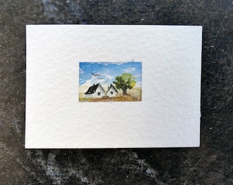 Tiny painting. Original miniature watercolor painting on acid free watercolor-paper. Micro landscape, white cottage and green tree, blue sky
