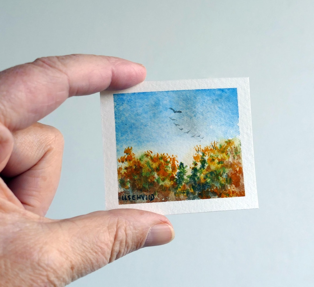 Original Miniature Watercolor, Landscape Painting, Trees in Fall