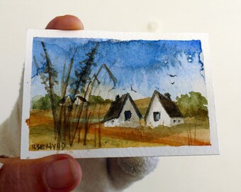 Original landscape art. Handpainted, Watercolors. Countryside landscape. White cottages, Green fields, blue sky, mini birds. ACEO size