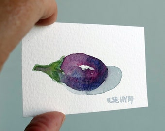 Miniature, aubergine fruit, original, watercolor painting, soft colors, small art by artist Ilse Hviid,  dolls house aquarelle, purple art