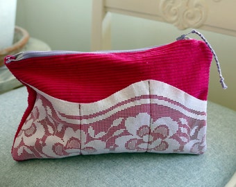 zipper bag, pencil-case, makeup-bag, red Corduroy, manchester and light purple cotton fabric, lace pocket. home-sewn mini purse, pouch