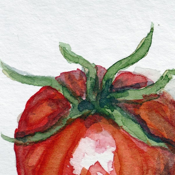 Tomato, small  watercolor painting, red tomato, vegetable art. Hand-painted by artist Ilse Hviid,  small veggie wall decor. dolls-house art