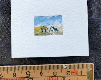 Miniature Watercolor Painting, Countryside Cottage Landscape (6x5 cm)