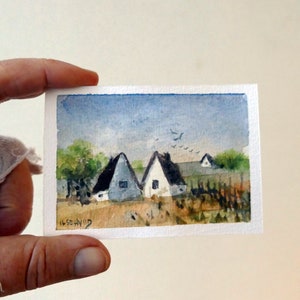 White house and tree, landscape in soft colors, watercolor original. mini painting by IlseHviid, wall decor, dolls house art, ACEO sized art