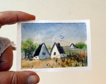 White house and tree, landscape in soft colors, watercolor original. mini painting by IlseHviid, wall decor, dolls house art, ACEO sized art