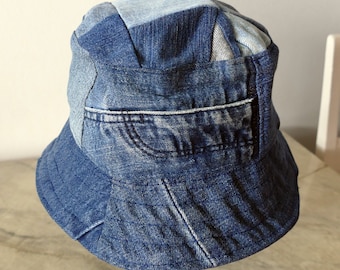Upcycled Denim Bucket Hat: Handmade Jeans Fisherman Hat With Coin