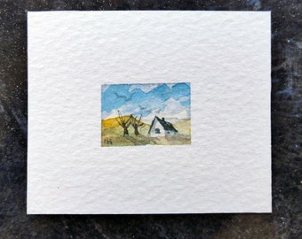 Tiny painting. Original miniature watercolor painting on acid free watercolor-paper. Countryside landscape, blue sky and green fields