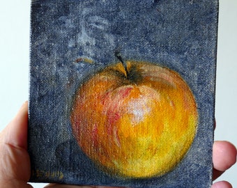 Apple miniature oil painting, artist Ilse Hviid, tiny original painting, mini art, still life fruit,  mini canvas board. 4x4 inch orange art