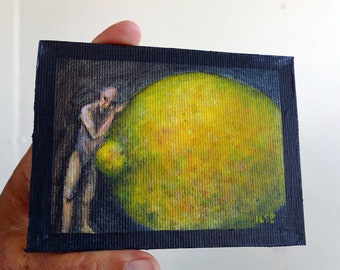 Miniature oil painting on canvas-board, Lemon and man, original art, tiny painting, still life yellow citrus fruit, mini kitchen decor.